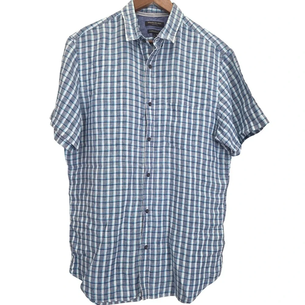 Banana Republic Linen‎ Shirt Camden Fit Plaid Short Sleeve Button Up Large